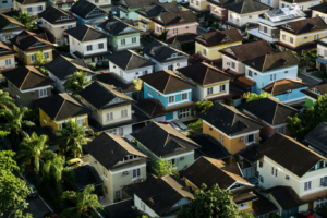 An aerial view of houses in a neighborhood