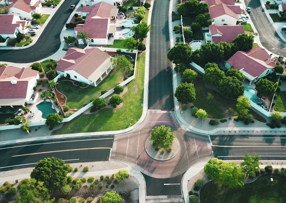 An aerial view of a neighborhood