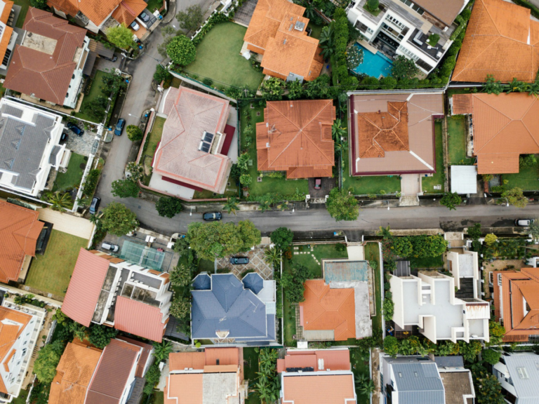 An aerial view of houses in a neighborhood
