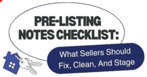 Infographic providing a home selling checklist, covering what to fix, clean, and stage before listing. It includes tips on repairs, deep cleaning, decluttering, and staging to help sellers attract buyers and increase property value.