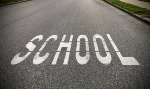 Road marking indicating a school zone affecting nearby home values
