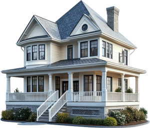 A classic two-story light-colored house with a welcoming front porch.