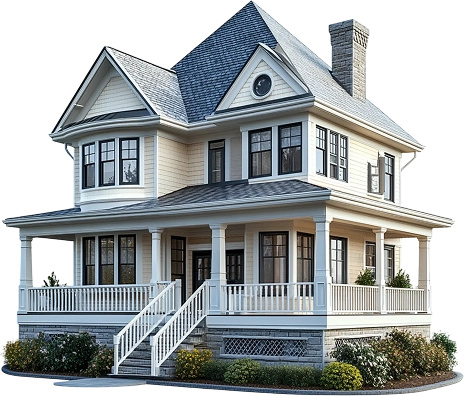 A classic two-story light-colored house with a welcoming front porch.
